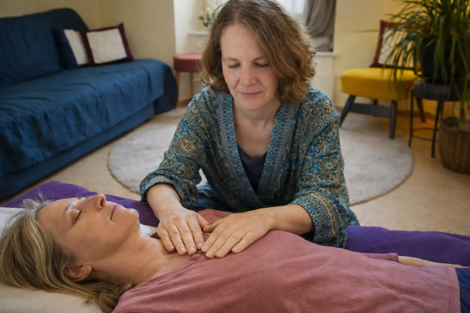 Verena gibt einer Frau Seelenlicht während einer energetischen Behandlung