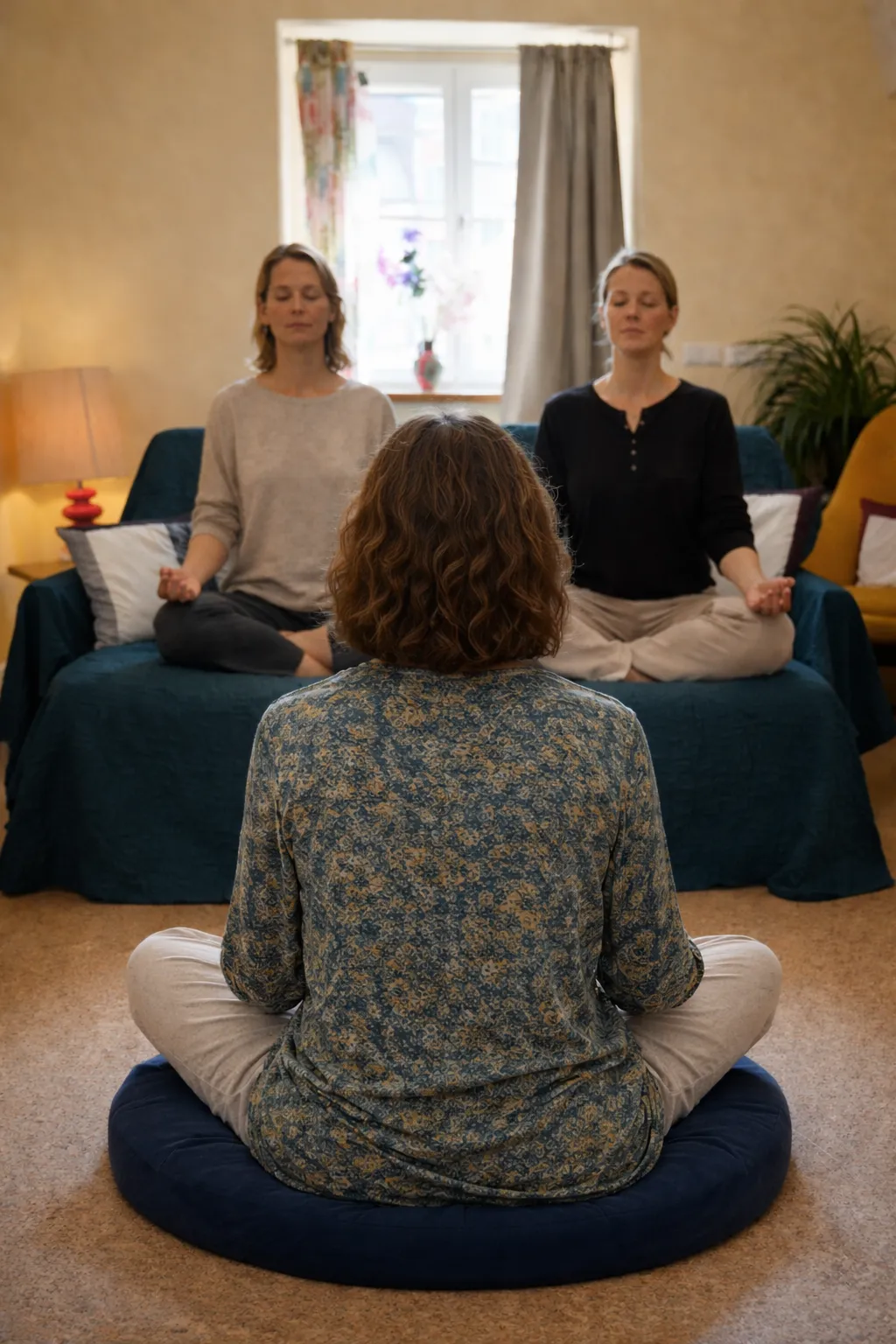 Verena meditiert mit einer Gruppe in ihren Räumlichkeiten